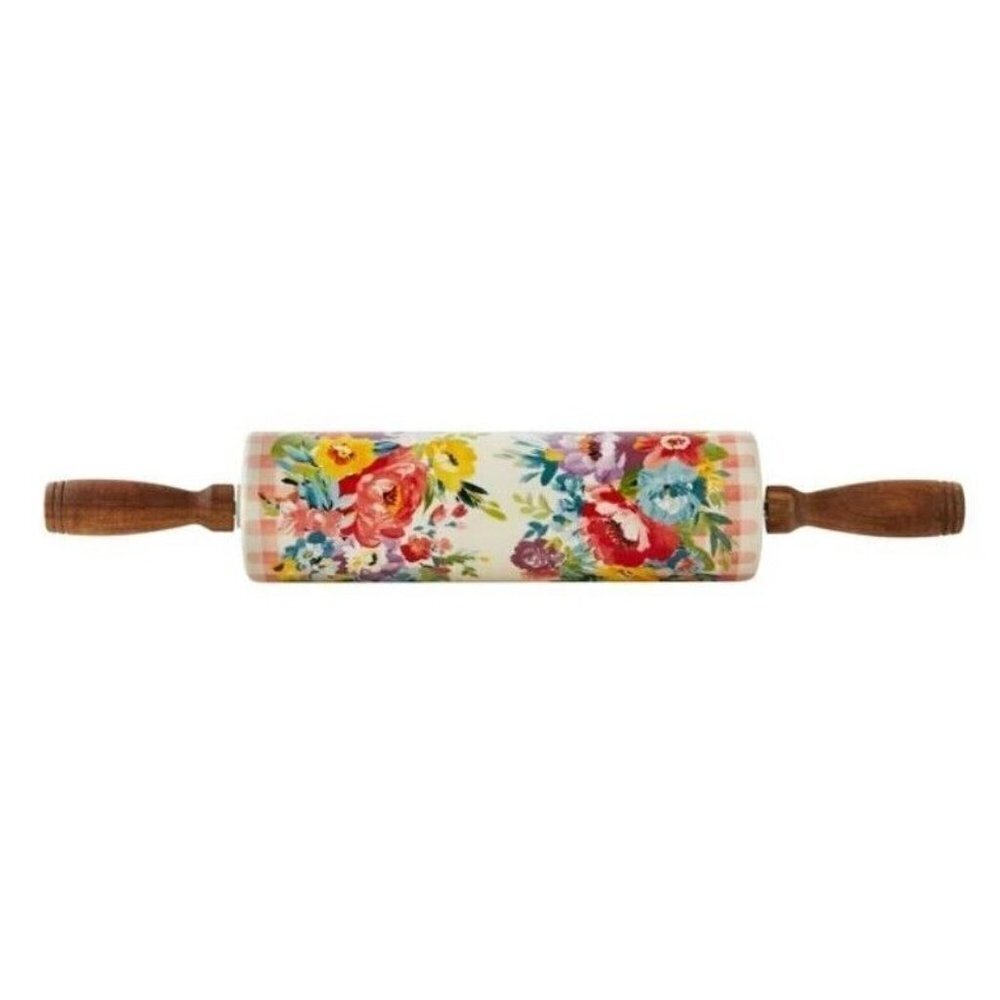 The Pioneer Woman Ceramic Rolling Pin Sweet Romance Blossom w/Acacia Handles NEW